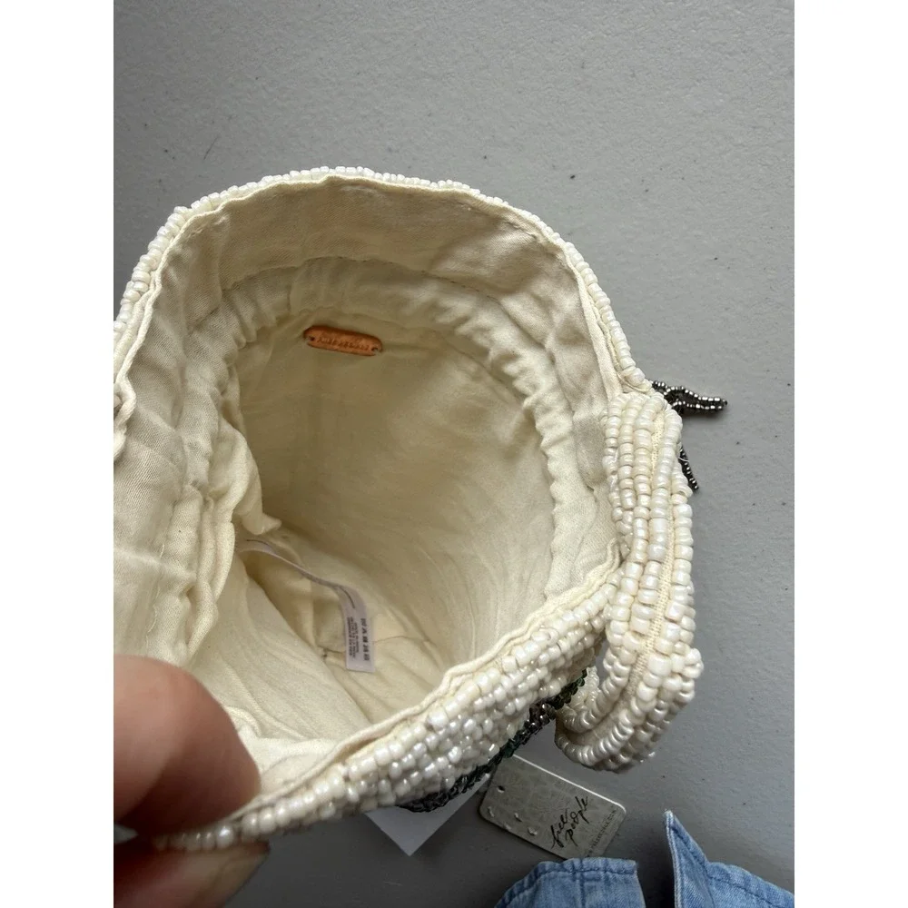 FREE PEOPLE Beaded Tassel Pouch NWT Green Ivory Drawstring Beaded Bag - Picture 10 of 13